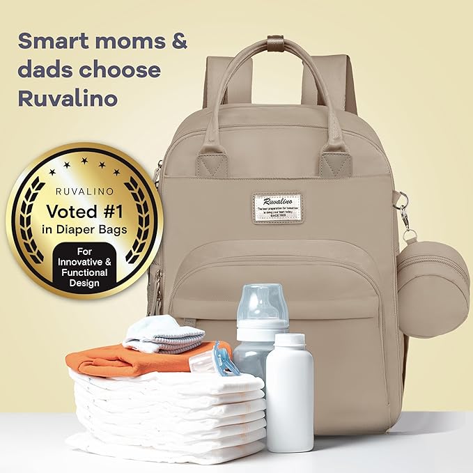 RUVALINO Diaper Bag Backpack-Multifunction Baby Travel Bag with Changing pad, Insulated Bottle Holders & Pacifier Case, Large Capacity, Waterproof, Clay