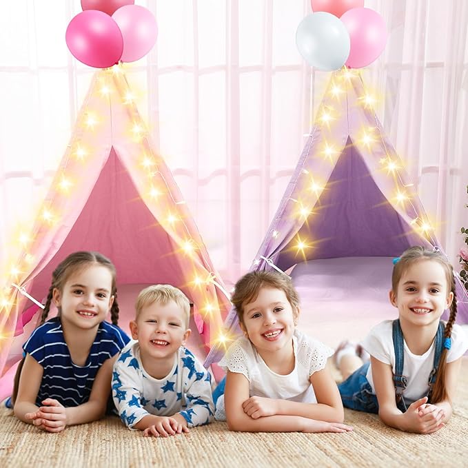 6 Pack Sleepovers Teepee Tent for Kids Bulk with Mattress Sheet Light,Natural Cotton Washable Indoor Play Tent for Birthday Slumber Party Girls Boys Pajama Movie Night Supplies(Pink, Purple, White)