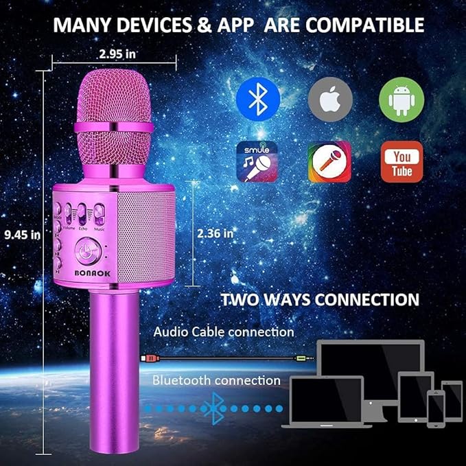 BONAOK Wireless Bluetooth Karaoke Microphone,3-in-1 Portable Handheld Karaoke Mic Speaker Machine Birthday Home Party for PC or All Smartphone (Q37 Purple)