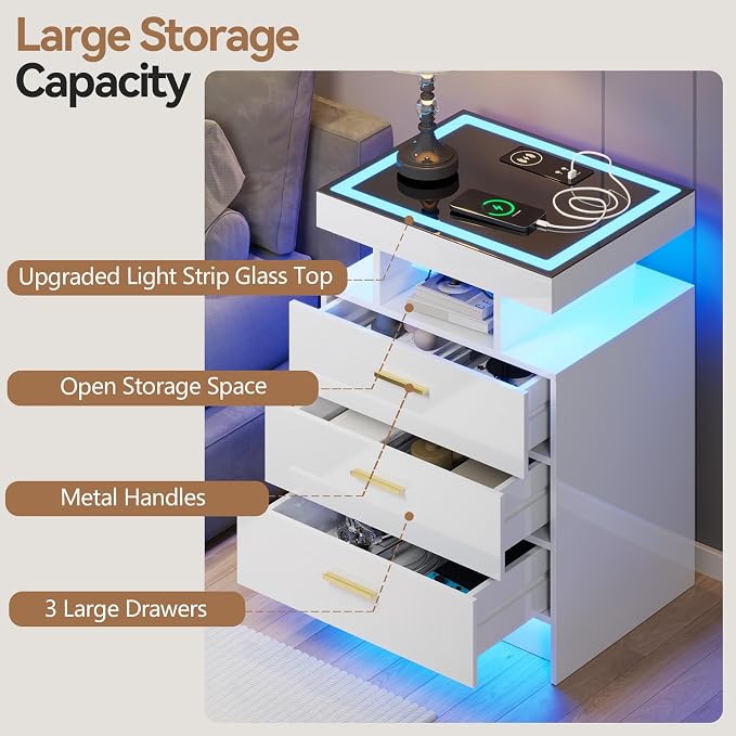 White Night Stand with Wireless Charging Station, Smart Bedside Table with 3 - Image 7