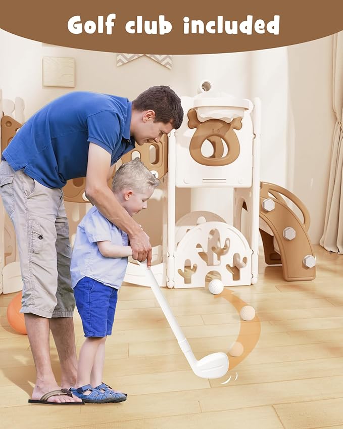 YUFU Toddler Slide Set, 11 in 1 Kids Slide for Toddlers 1-3, Toddler Playset with Climbing Bridge, Golf Set, Basketball Hoop, Indoor Outdoor Playground (Brown)