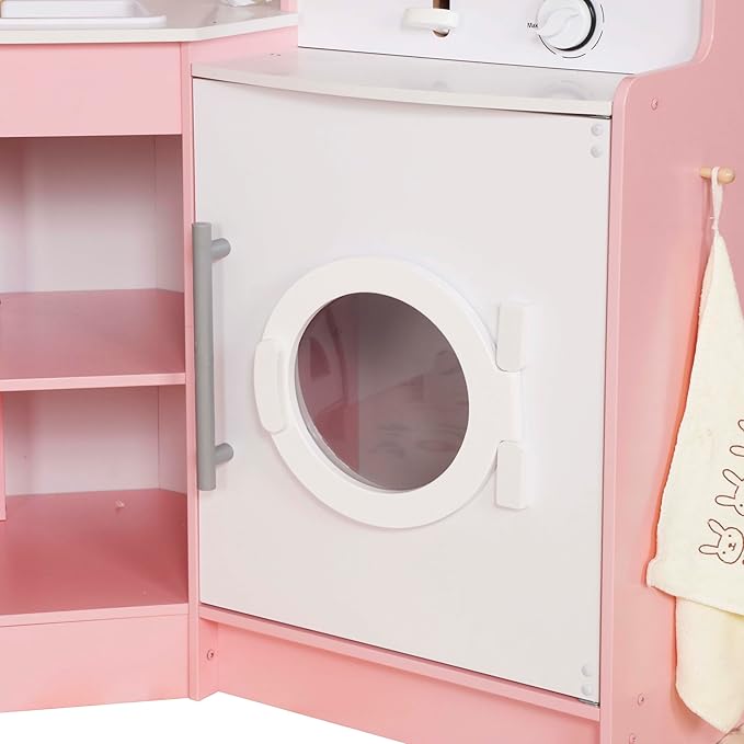 Large Wooden Corner Play Kitchen Sets with Ice Maker,Water Dispenser,Bread Maker,Washing Machine,Electronic Display,Toy Sink with Running Water,Stove with Light&Sounds, Birthday Gift for 3+ (Pink)