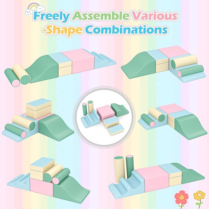 Soft Climbing Toys for Toddlers, Soft Foam Climbing Blocks, PU Leather Gym Climb & Crawl Soft Activity Playset, Indoor Climbing Toys Equipment for Kids and Children, Classic Grey, Macaron