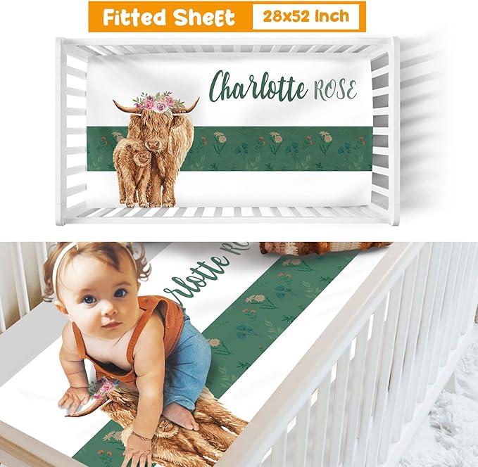 Custom Crib Bedding Set - Highland Cow Design Personalized Name Baby Nursery Bed 3 Pcs Set - Chic Soft Blanket with Dotted Backing, Sheet, Pillowcase for Newborn Girls Boys Gifts Color04