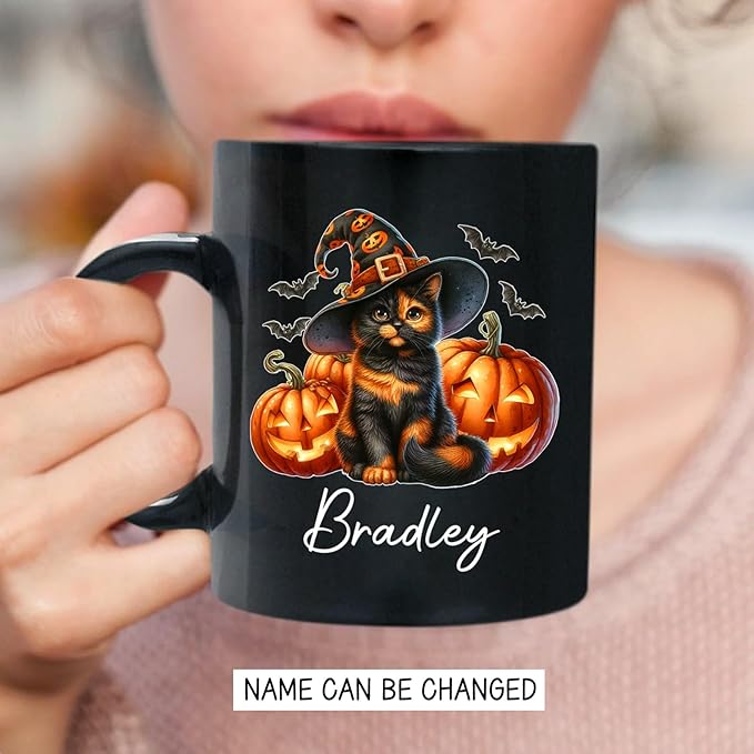 Personalized Tortoiseshell Pumpkins Black Ceramic Cup, Halloween Tortoiseshell Coffee Mug Gift for Cat Lover, Customized Pet's Name Cup 11oz 15oz, Spooky Halloween Cat Mug, Pet Lover Present