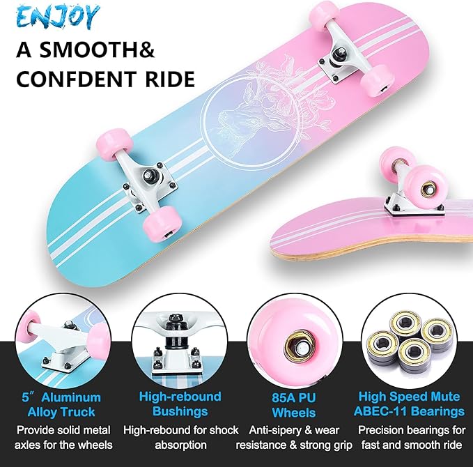 Skateboard,31 x 8 Inch Complete Skateboard, 8-Layer Maple Wood Deck Double Kick Standard Skateboards for Kids, Teens, Adult, Beginner