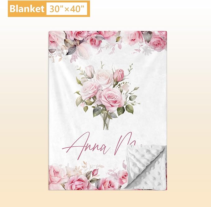 Custom Crib Bedding Set - 5 Pcs Personalized Name Pink Flowers Baby Crib Set for Infant Toddler Girl - Comfortable Double Layer Nursery Bedding Set - Customized Present for Birthday Baby Shower