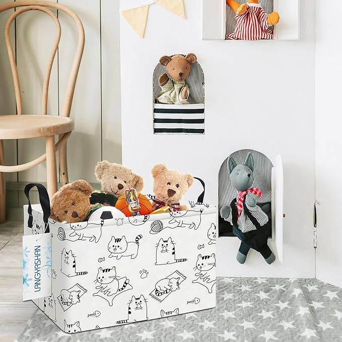 LANGYASHAN Rectangular Storage Bin Collapse Canvas Fabric Cartoon Storage Basket with Handles for Organizing Home Kitchen Boys and Girls Toys Office Closet Shelf Baskets (Rec Cat)