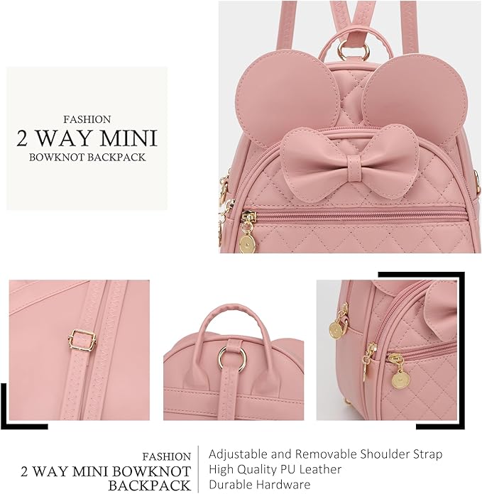 KL928 Girls Bowknot Polka Dot Cute Mini Backpack Small Daypacks Convertible Shoulder Bag Purse for Women