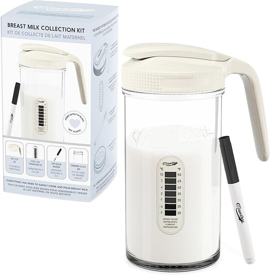 Masontops Breast Milk Storage Kit - 24oz Airtight Mason Jar with Handle, Marker & Stick-on Thermometer for New Moms
