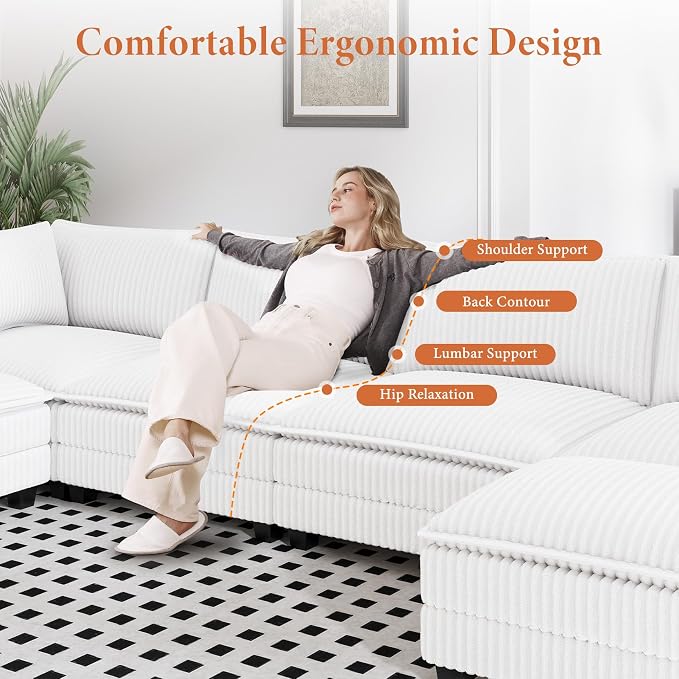 Vesgantti 109" U Shaped Cloud Sectional Sofa, Comfy Corduroy Upholstered - Image 4