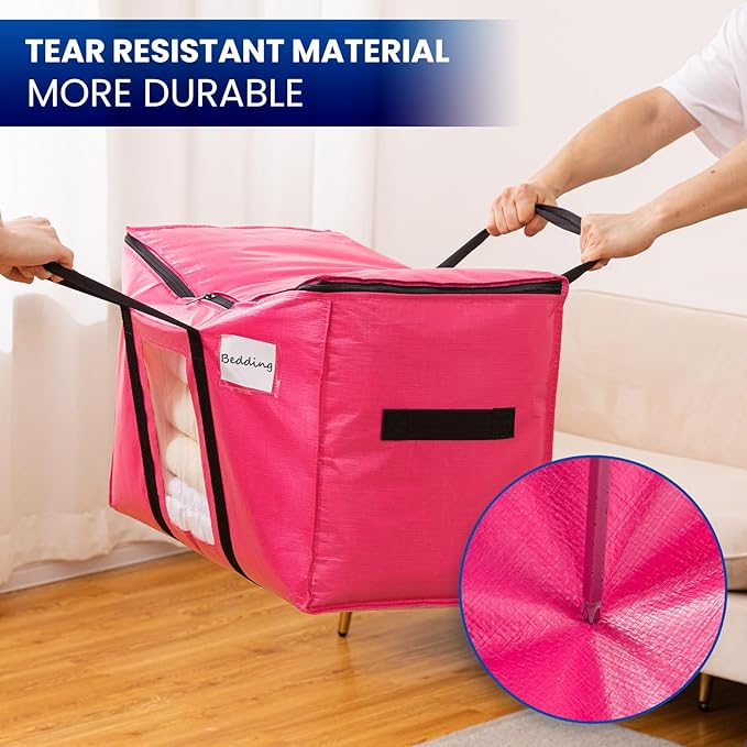 TAILI 8 Pack Pink Extra Large Moving Bags, Heavy Duty Totes with Visible Window, Wrap Around Handles, Space-Saving Storage, Alternative to Moving Boxes