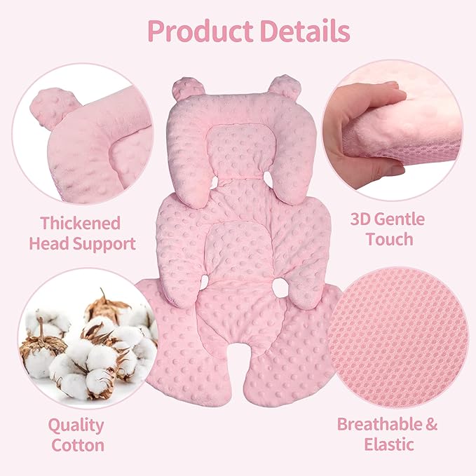 3in1 Reversible Carseat Head Body Support Newborn,3D Minnky Infant Car Seat Insert,Extra Soft Breathable Baby Car Seat Pillow Cushion Boys Girls,fit Stroller,Bouncer,Swing(Pink)
