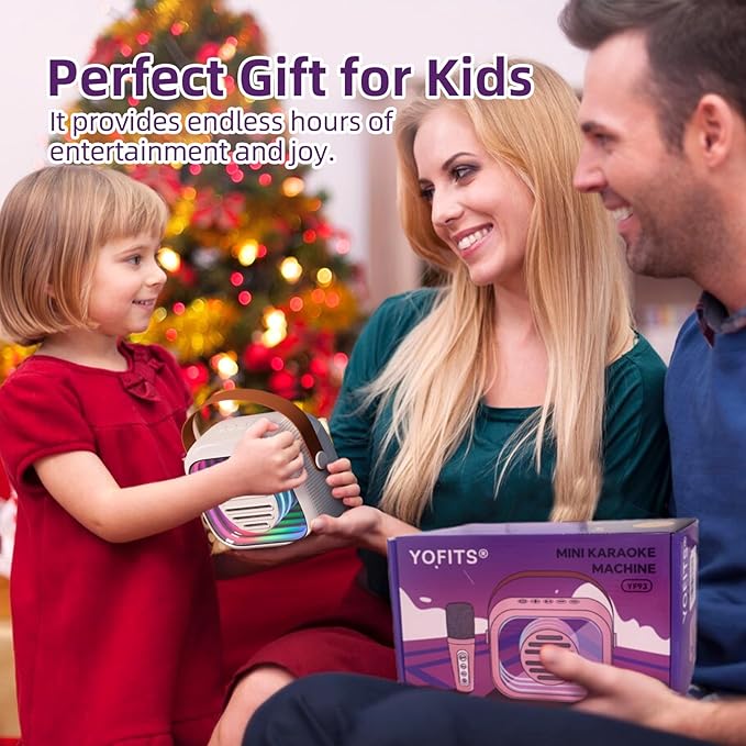 YF93 Mini Karaoke Machine for Kids with Bluetooth Speaker, 7 Voice-Changing Modes, Colorful LED Mirror Lights, TF Card Support, Rechargeable 2200mAh Battery, Portable Singing Gift for Children(Beige)