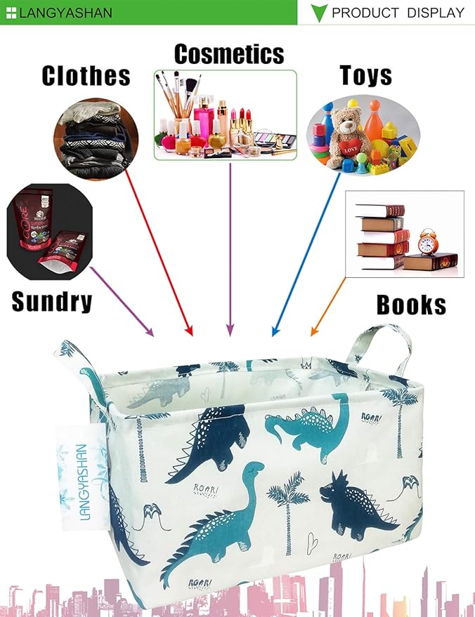 LANGYASHAN Rectangular Storage Bin Collapse Canvas Fabric Cartoon Storage Basket with Handles for Organizing Home Kitchen Boys and Girls Toys Office Closet Shelf Baskets (Rec green dinosaur)