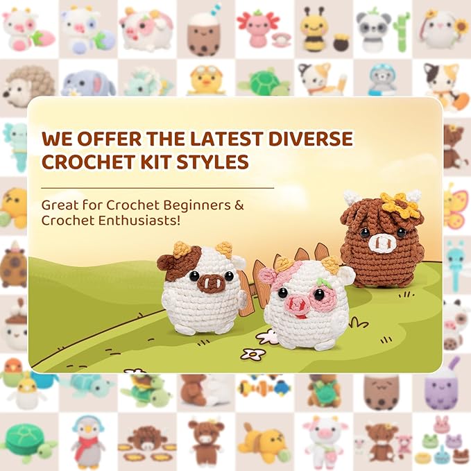 Mewaii Crochet Kit for Beginners Level 2 with 40% Extra Eco-Friendly Pre-Started Easy Yarn, Step-by-Step Video Tutorials for Adults and Kids (3 Pack Cows)