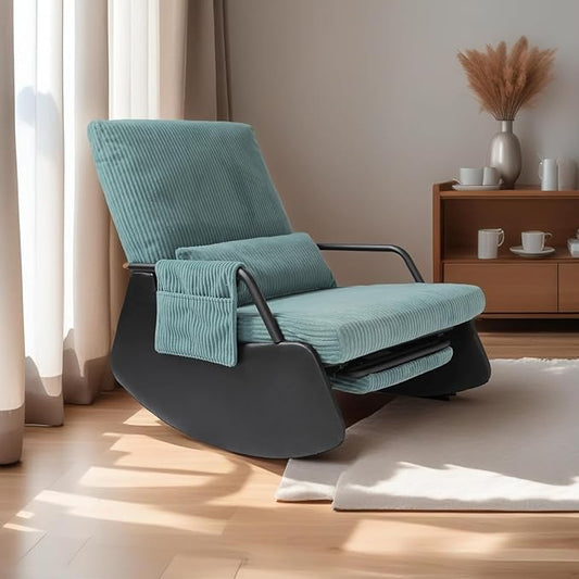 Rocking Chair for Nursery, Modern Upholstered Plush Seating Glider Recliner Chair with High Backrest and Side Pocket, Accent Armchair with Cushions for Living Room/Reading (Cyan Blue)
