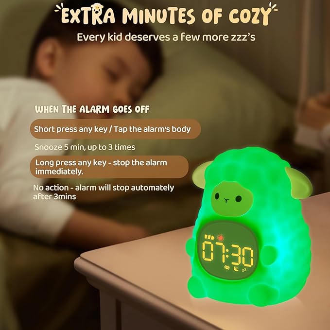 Sheep Alarm Clock with Night Light for Kids with Sleep Training and Sound Machine, Rechargeable Silicone Lamp OK to Wake Clock，Cute Animal Tabletop Lamp, Perfect Sleep Companion for Boys Girls