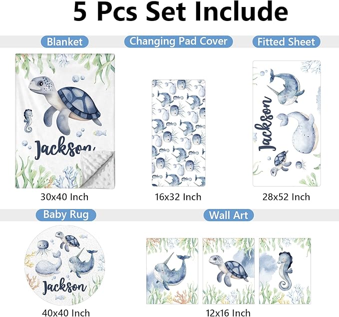 Personalized Baby Crib Bedding Set, 5 Pcs Custom Name Baby Bedding Set, Double Layer Nursery Bedding Set, Ocean Animal Baby Crib Set for Girls Boys, Gift for Toddler Infant Baby New Parents
