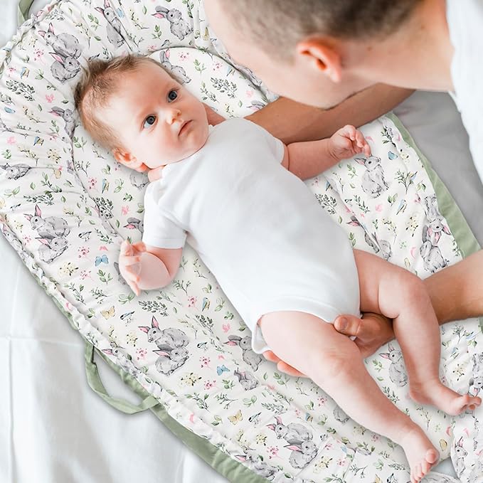 Baby Lounger Cover for Boys Girls, Reversible Baby Nest Cover, Adjustable Baby Lounger Replaceable Cover for Infant Newborn, Portable and Machine Washable, Cotton Green Rabbit Cover Only