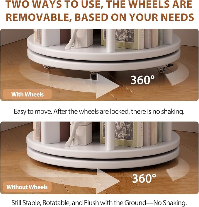 Muwuele Solid Wood Rotating Bookshelf on Wheels, 4 Tier, Round Revolving - Image 5