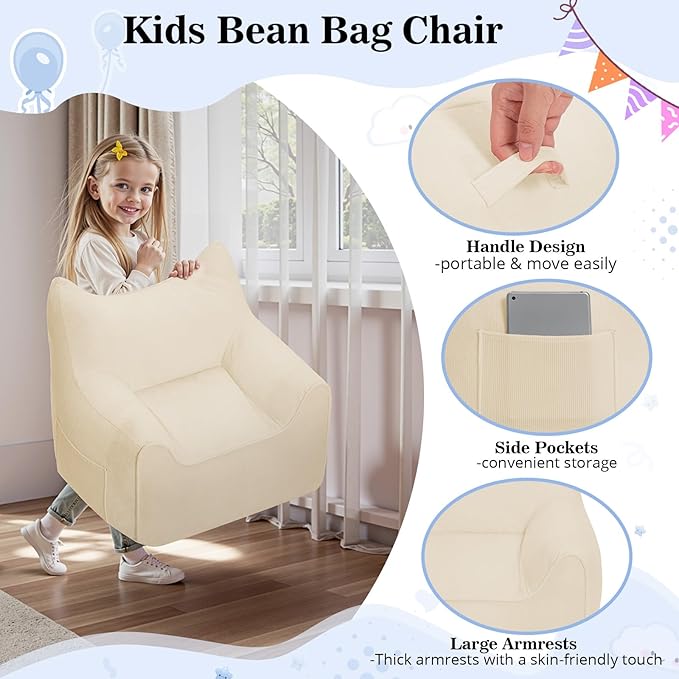 HOMMPA Bean Bag Chair for Kids Stuffed Toddler Bean Bag Sofa with Pocket Filler Cat Shaped Bean Bag Chair Boys and Girls Baby Lazy Floor Sofa Chair for Gaming Reading Playing Beige