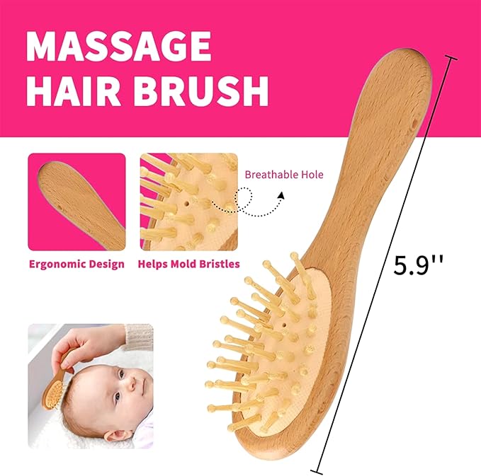 Goat Baby Hair Brush Set, Wooden Comb Massage Scalp Comb, Safe Natural Hair Care Kit, Soft Silicone Bath Brush for Newborns Toddlers (Brush Set+ Massager)
