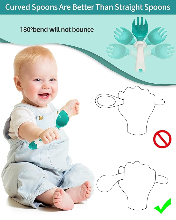 Deejoy Toddler Utensils, Self-feeding Flatware Set withTravel Case, Baby Spoons and Forks with Silicone Bendable Handle, Easy Grip Heat-Resistant, Ideal for Kids, Stage 2 (Green)