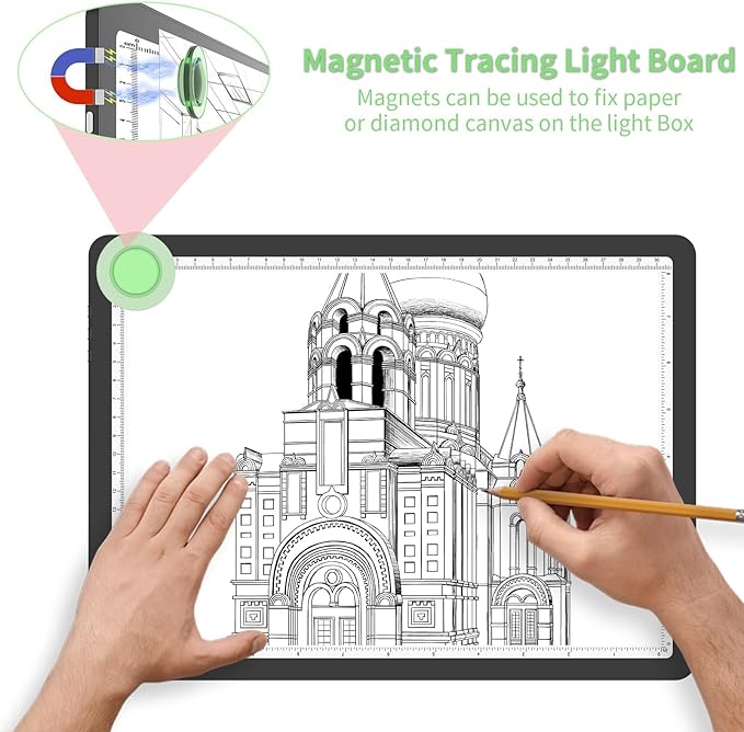 KOBAIBAN A4 Magnetic Light Box with Bag, Rechargeable Diamond Art Light Board with Side Physical Buttons, 3 Color Light Modes Super Bright Light Pad Light Table for Tracing, Drawing, Sketching (Black)