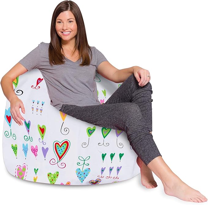 Posh Creations Bean Bag Chair for Kids, Teens, and Adults Includes Removable and Machine Washable Cover, Canvas Multi-Colored Hearts on White, 48in - X-Large