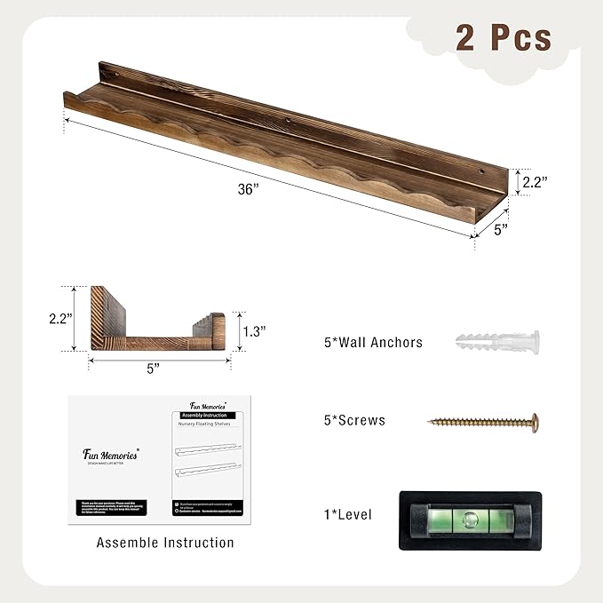 Fun Memories Picture Ledge Shelf for Wall, 36 inch Pine Wood Nursery Book Shelves Set of 2- Wall Book Shelves for Kids Room, Home Decor - Kitchen Spice-Carbonized