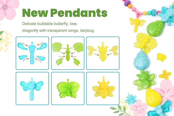 BIRANCO. Deluxe Beading Set with 350+ Pop Beads Include Butterfly, Bee, Dragonfly with Transparent Wings, and Ladybug Jewelry Making Kit for Kids Ages 3-8