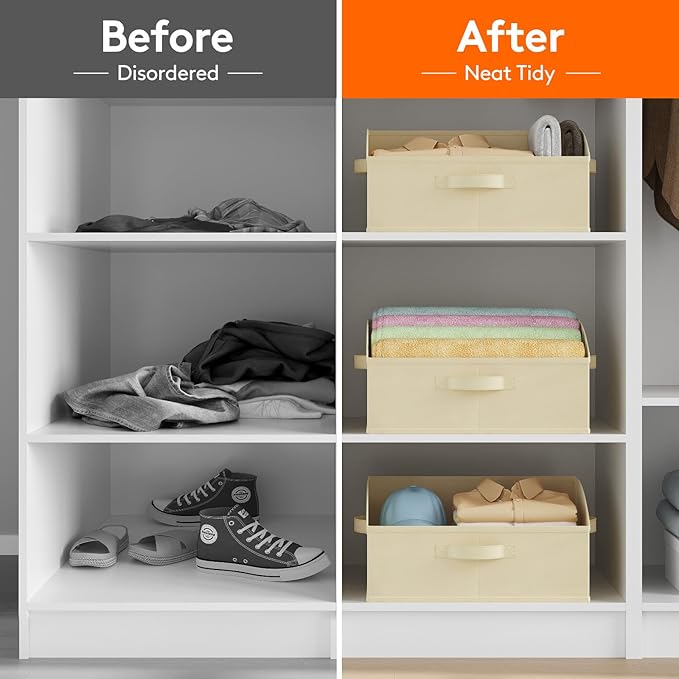 Lifewit Storage Baskets for Shelves, 6 Packs Non-woven Fabric Trapezoid Closet Organizer Bins with Handles, Foldable Clothing Containers Box for Clothes, Toy, Towel, Book, DVD, Hats, Medium-Beige