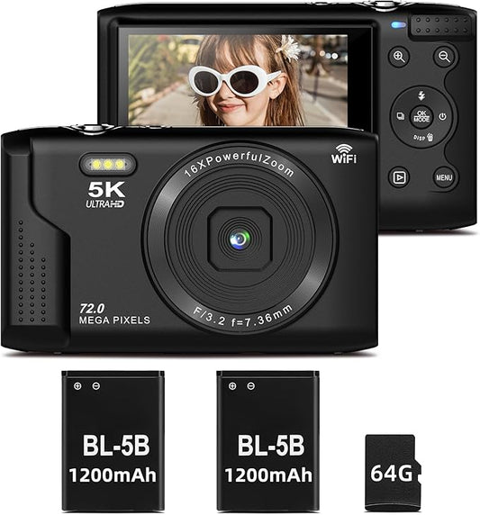 T TAKMLY Digital Camera 5K, Autofocus 16x Zoom 72MP Point and Shoot Cameras Compact Portable with Flash for Kids Boys Girls Teens Students, Anti Shake 2.8'' Screen, 64GB Card Include, Black