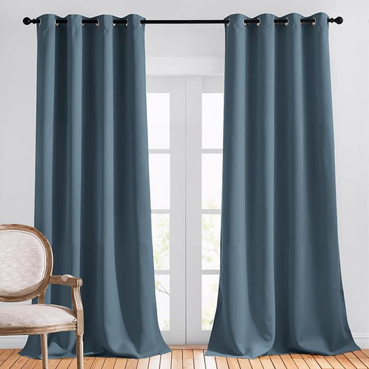 NICETOWN Smoky Blue Curtains 90 inch Length, Sound Reducing Thermal Insulated Grommet Room Darkening Window Treatments for Bedroom/Living Room, 2 Panels, W52 x L90, Smoky Blue
