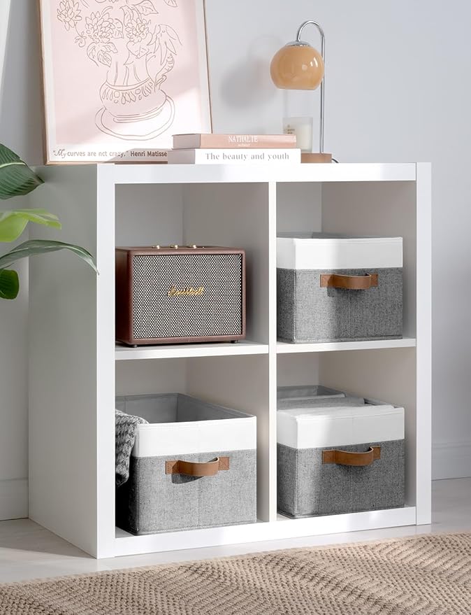 StorageWorks Storage Baskets for Shelves, Foldable Fabric Closet Storage Bins with Handles, Fabric Storage Bins Clothes Organizer, Gray and White, 3-Pack, Large