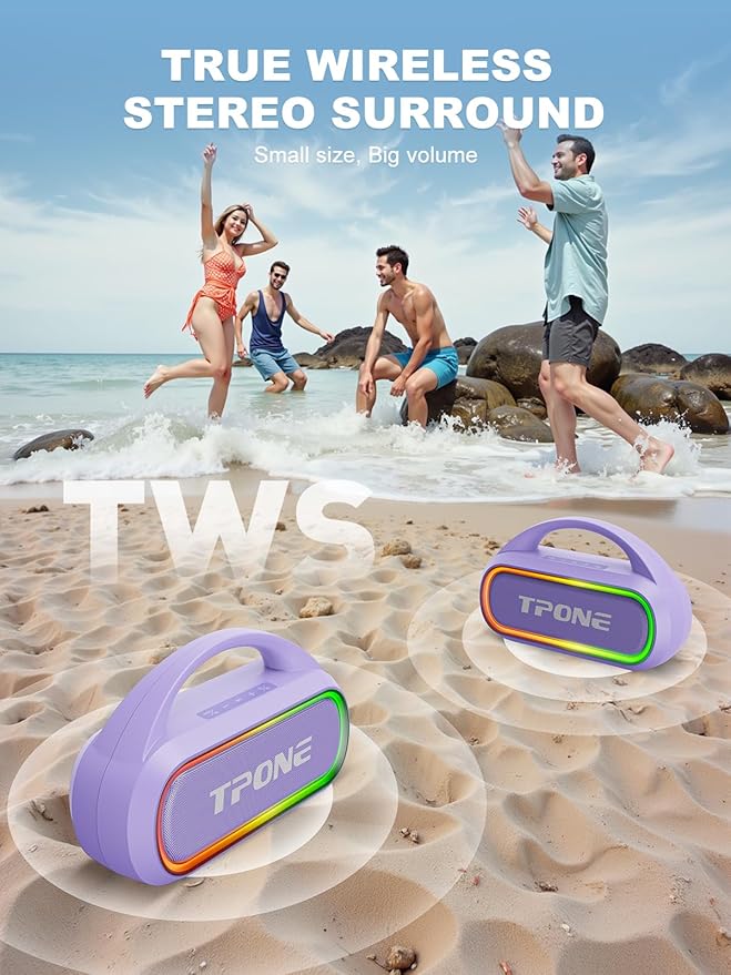 TPone Portable Bluetooth Speaker, 30W (Peak) Wireless Speaker for Outdoor, Up to 12H Playtime, IPX5 Waterproof with Light, TWS Pairing, for Home/Party/Outdoor/Beach, Birthday Gift (Chilled Lilac)