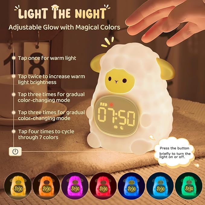 Sheep Alarm Clock with Night Light for Kids with Sleep Training and Sound Machine, Rechargeable Silicone Lamp OK to Wake Clock，Cute Animal Tabletop Lamp, Perfect Sleep Companion for Boys Girls