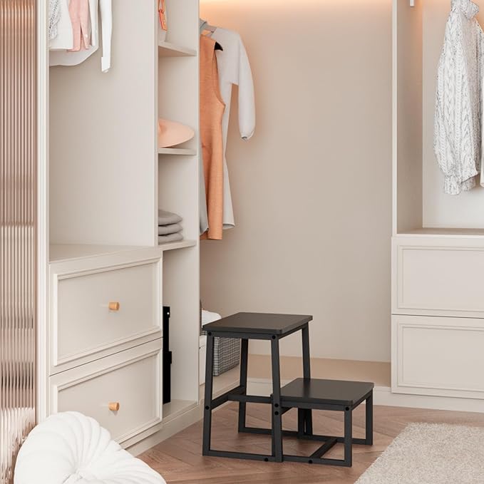 Step Stool for Adults,Holds up to 500Lb,3 in1 Heavy Duty Sturdy Two Step Stool for Kichen/Bathroom/High beds, Wooden&Metal Frame, Non-Slip Pads