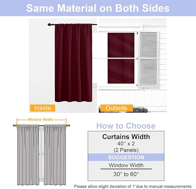 Simplebrand Ava Burgundy Blackout Curtains, 2 Panels Set, 40"W x 72"L, Bedroom & Outdoor, 100% Polyester, Unlined, Pinch Pleat Top, Rod Pocket Hanging