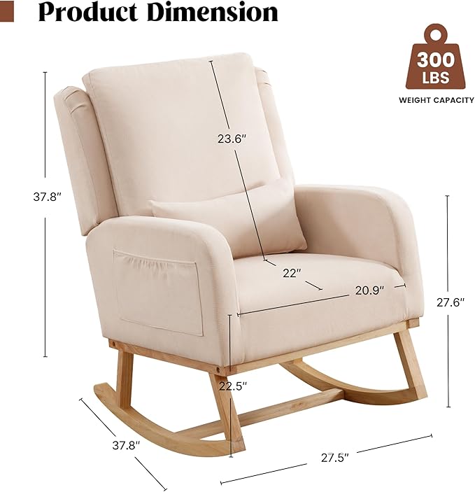 Rocking Chair Nursery, Nursing Rocking Chairs with Lumbar Pillow, Comfy Modern Nursery Glider Rocker Morden Accent Rocking Chair for Mom Nursery, Living Room, Bedroom, Beige