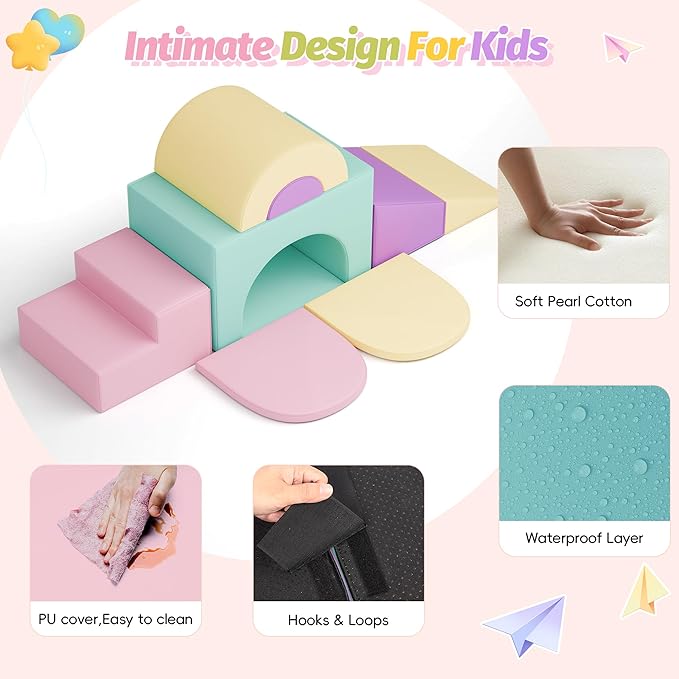 ‌Soft Climbing Toys for Toddlers, 7-Piece Baby Soft Foam Climbing Blocks, PU Leather Gym Climb and Crawl Activity Play Set, Indoor Climbing Toys for Kids and Children, Pink