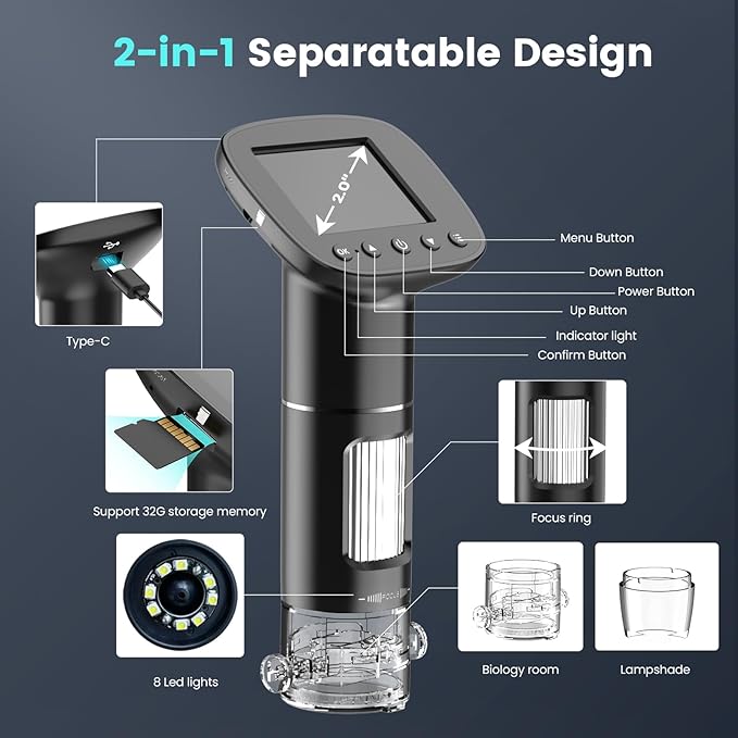 Kids Microscope for Ages 8-12, Handheld Digital Microscope D-MS1 with 2" IPS Screen - Take Pictures & Videos - Download to PC & Mac - 1000X Pocket Microscope, Used Birthday for Kids
