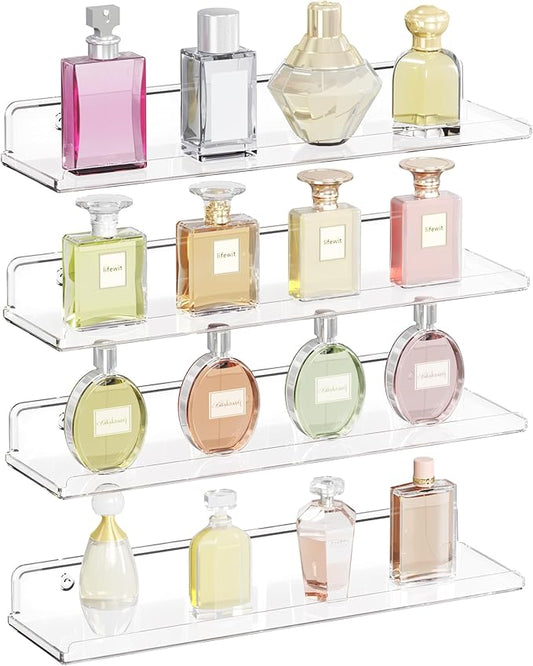 Lifewit Floating Shelves for Wall, 4 Pack 15" Clear Acrylic Shelf Room Decor for Book/Figures/Photo/Makeup in Bathroom, Book Shelf, Living Room, Bedroom, Kitchen Storage and Organization