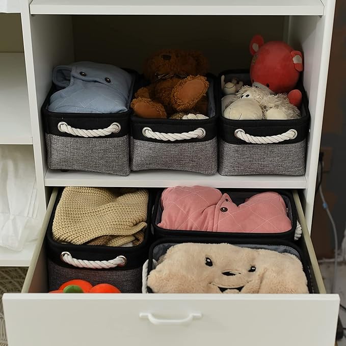 TheWarmHome Storage Basket for Organizing - 12x8x5.2 inch Small 6 Pack Collapsible Storage Bin for Shelves with Rope, Fabric Storage Cubes for Cloth Gift Toy Decorative Organizer (Black & Grey)