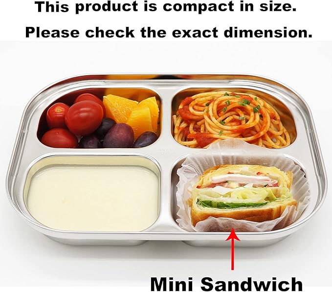 Korean Stainless Steel Divided Plates by KS&E, Little Kids Toddlers Babies Tray, BPA Free, Diet Food Control, Compact Serving Platter, Dinner Snack, 4 Compartment Plate Silver, Set of 2