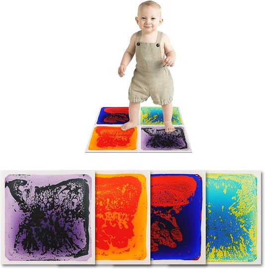 Art3d Baby Sensory Water Mats for Autistic Children (11.8"x11.8" Square, 4 Tiles, Blue-Red,Blue-Yellow,Orange-Red,Purple-Black)