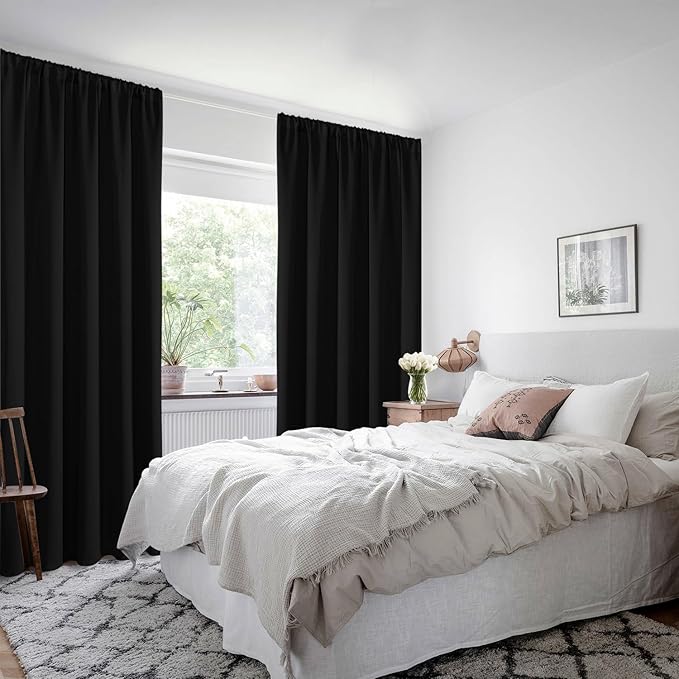 XWZO Blackout Curtains for Bedroom 63 inch Length Room Darkening Thermal Insulated Rod Pocket Curtains for Living Room with Tiebacks,Black,W42 x L63,Set of 2