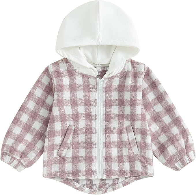 Douhoow Toddler Baby Plaid Jacket Baby Boy GIrl Flannel Hoodies Zip Up Hooded Fall Winter Outerwear Coat
