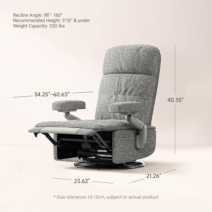 Nursery Swivel Glider Recliner Chair with Adjustable Armrests & Headrest, Rocking Chair Nursery with Removable Cover for Breastfeeding, FSC & Oeko-TEX Certified, Grey